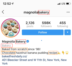  instagram seo, magnolia bakery’s instagram bio