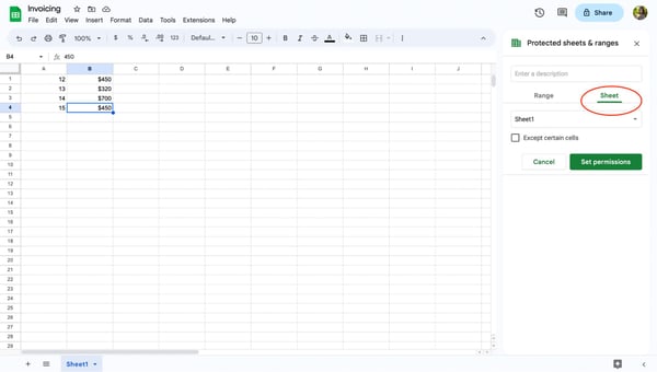 Google sheets protected cells, step 5: choose which cells to lock.