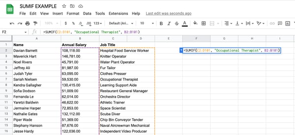 sumif to find occupational therapist salary, tell the function the range of cells you want to sum up based on the criteria