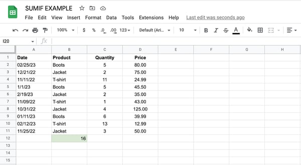 sumif to calculate boots price, sum