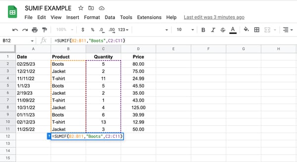 sumif to calculate boots price, apply quantity