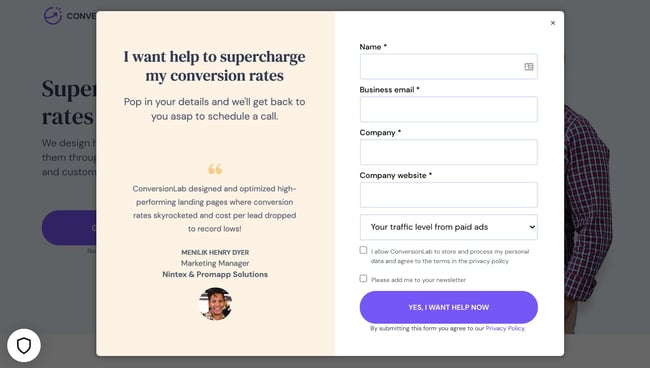 Conversion Lab landing page example CTA