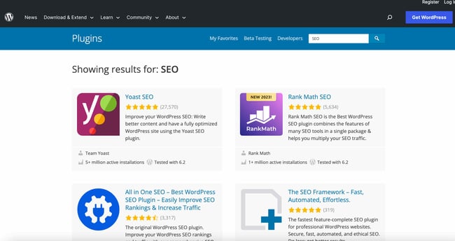 wordpress seo: image shows wordpress plugin directory for seo 