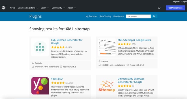 wordpress seo: image shows wordpress plugin directory for xml sitemap. 