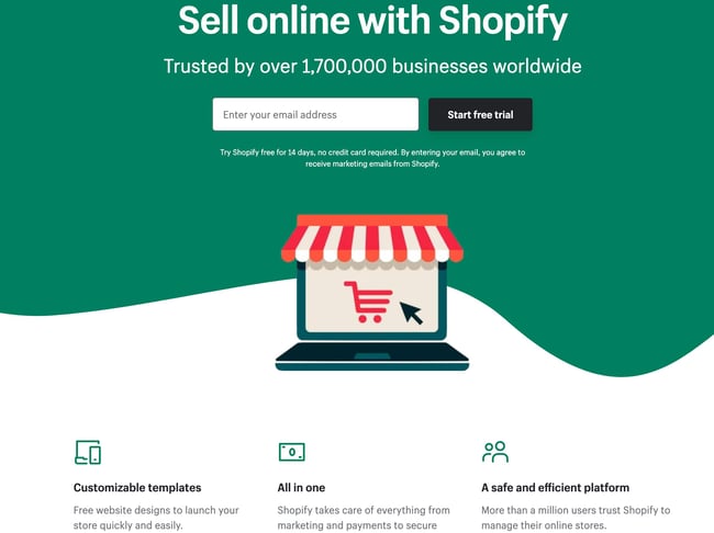 Shopify sign up landing page example