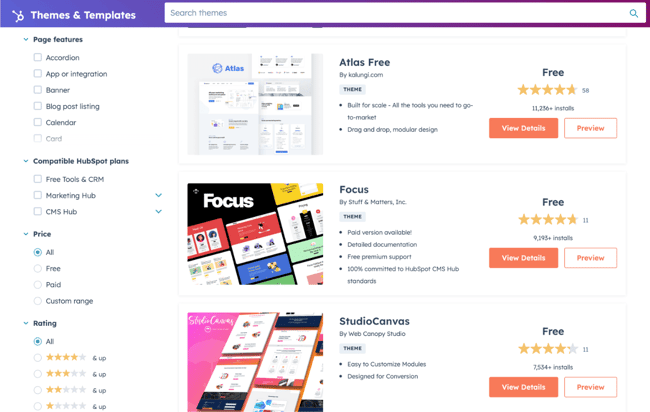 website features: hubspot theme marketplace