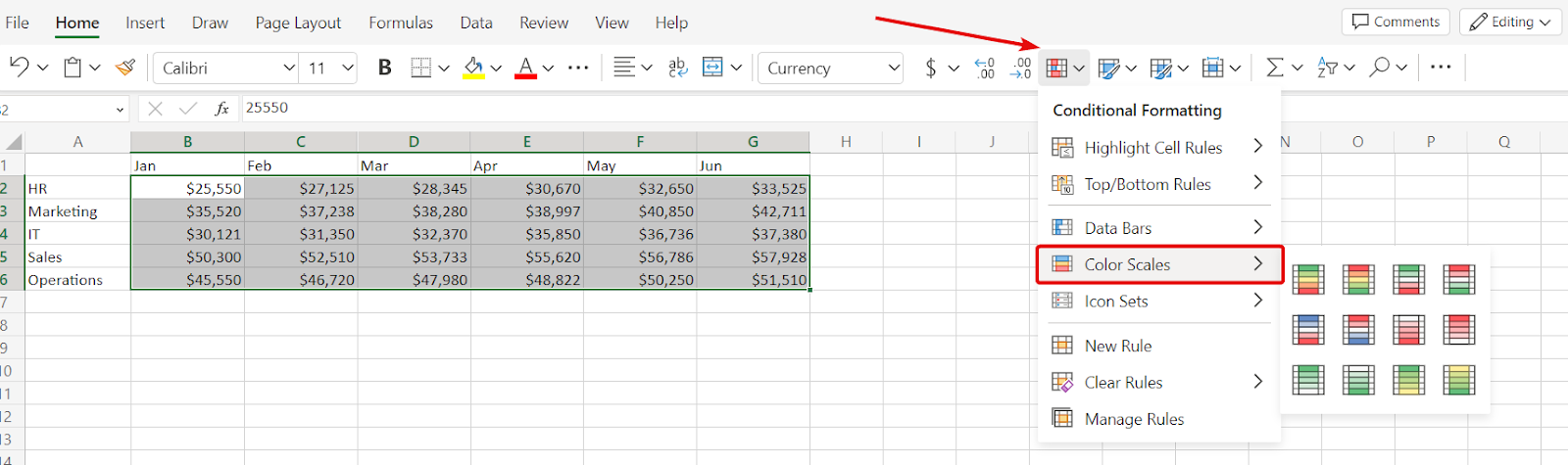 How to create a heat map in Excel — selecting color schemes