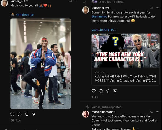 Screenshot of Kumar's Threads feed where he shares photos, videos, and more.