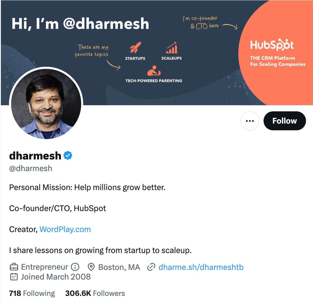 Short professional bio example from Dharmesh Shah