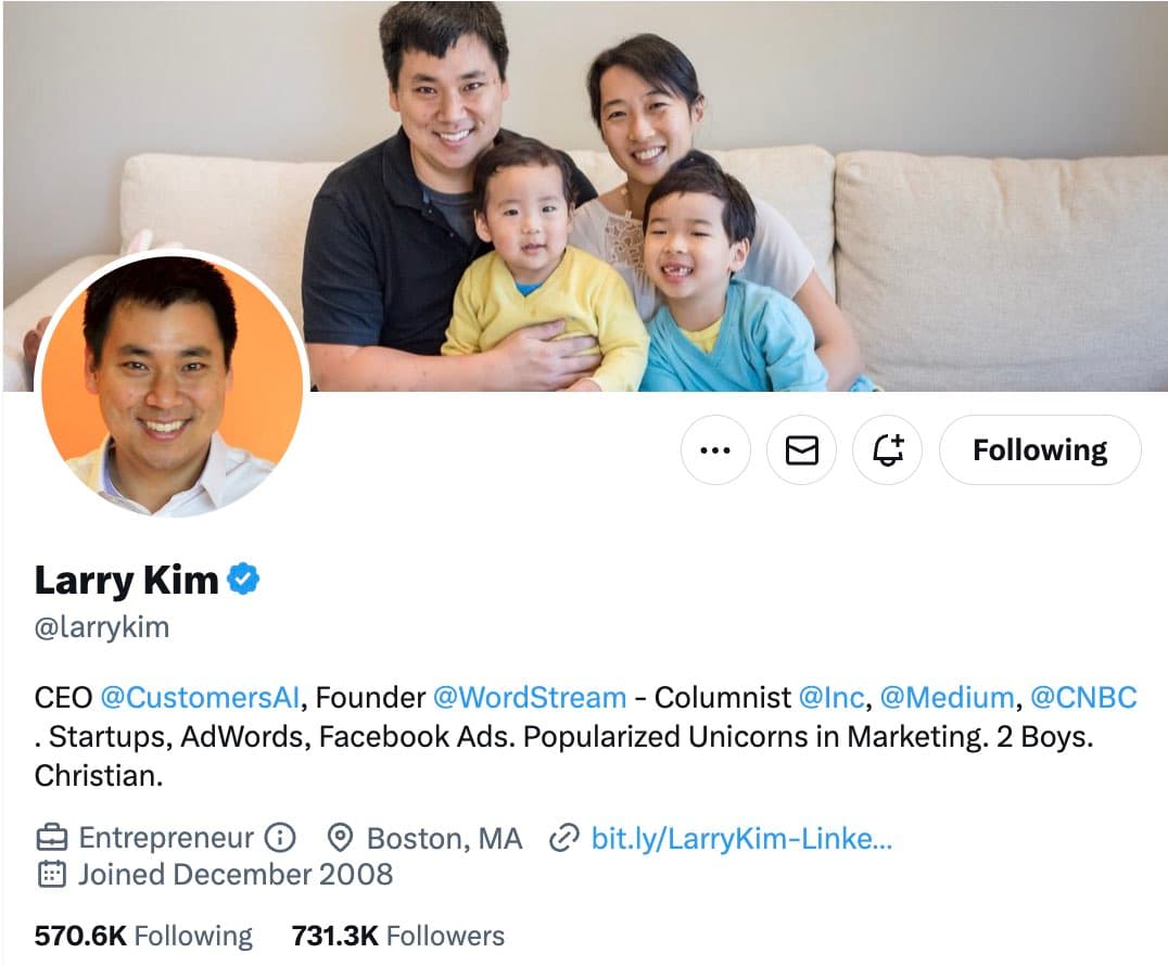 Short professional bio example from Larry Kim