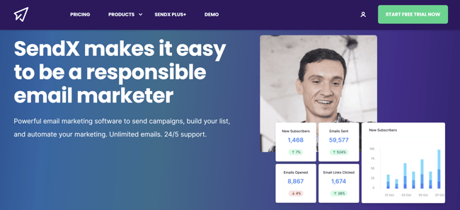 Screenshot of SendX landing page