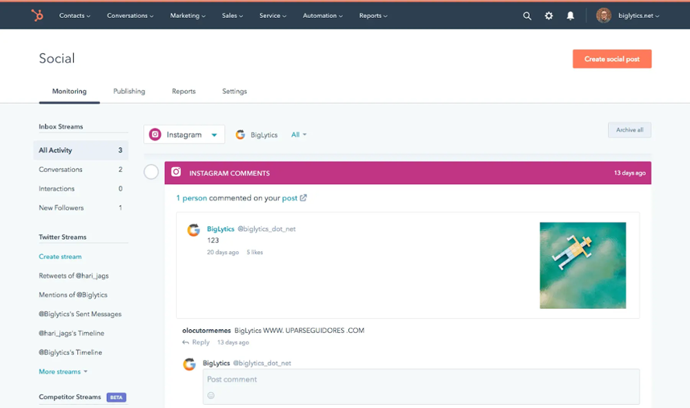Screenshot depicting what the HubSpot social tool looks like on desktop.