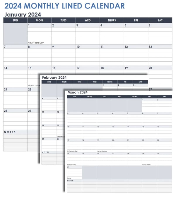 2024 Monthly Lined Calendar 