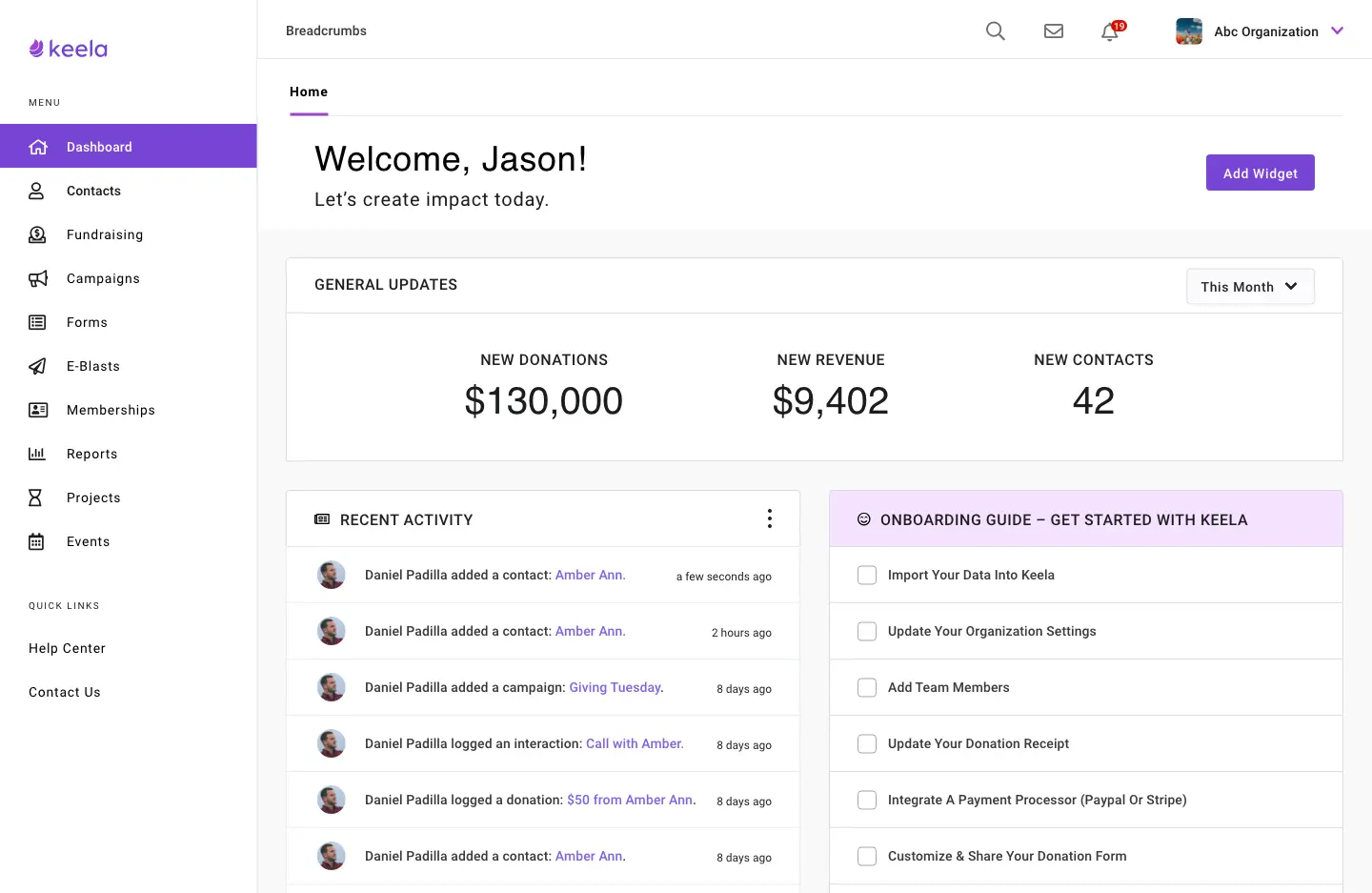 a screenshot of the keela crm user interface